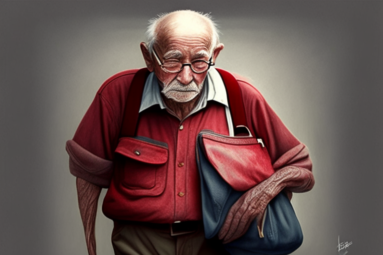 A old man with red bag in hand and 2 pens in his shirt pocket