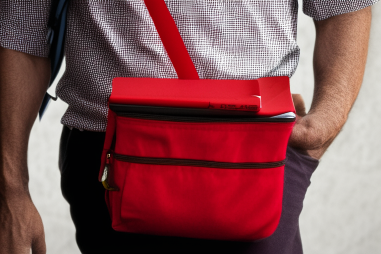 A man with red bag in hand and 2 pens in his shirt pocket