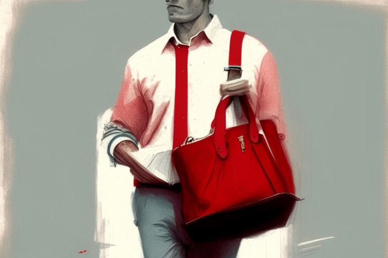 A man with red bag in hand and 2 pens in his shirt 