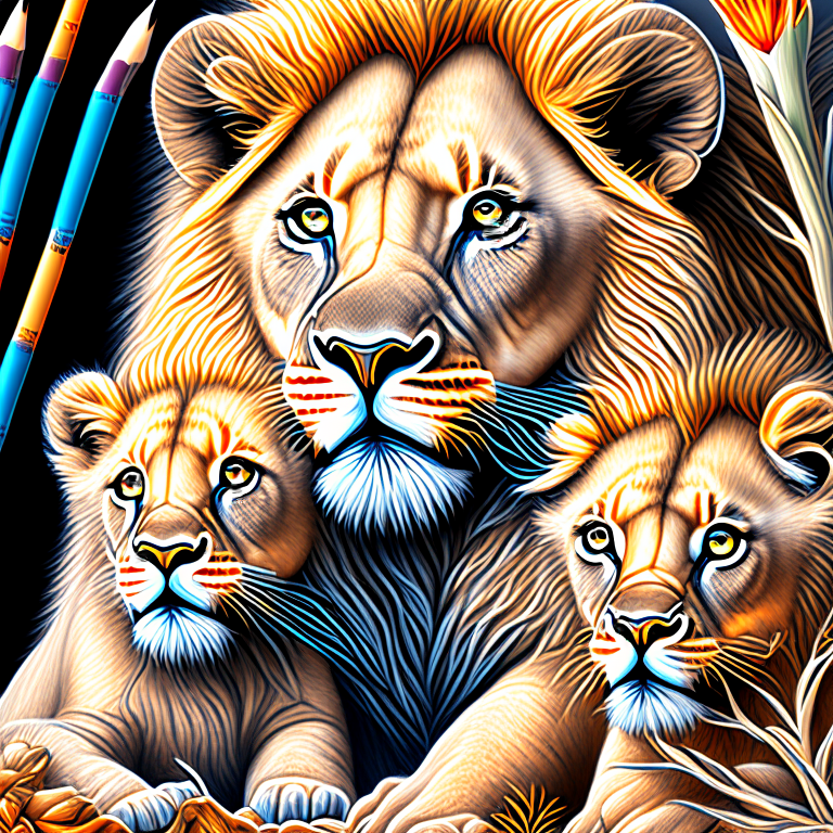 pencil colors art style, landscape with lion roaring and cubs, with perfect eyes, with black background, hiper realistic, interesting, uhd, hdr , 8k, 100mm lens, hyper detailed, intricate detail, masterpiece, beautiful, hand-drawn, digital painting, soft lighting, isometric style, 4K resolution, photorealistic rendering, highly detailed cleanup. undefined