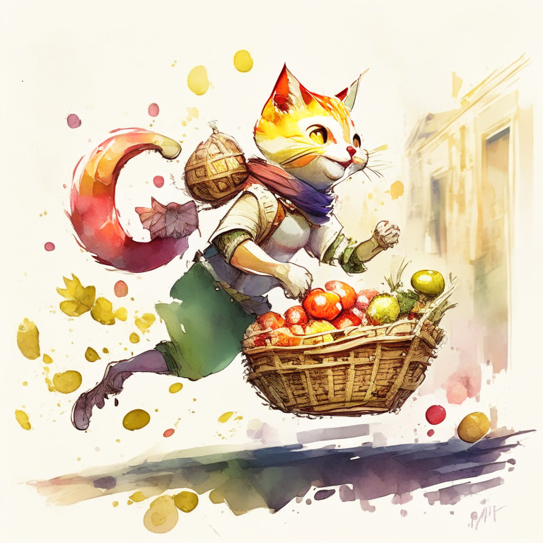 2d watercolor illustration of a fantastic anthropomorphic character of a cute cat running with a basket of fruits, yellow green and red, cream and taupe colors, textured background pattern, depth, motion blur