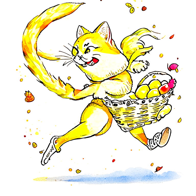 2d watercolor illustration of a fantastic anthropomorphic character of a cute cat running with a basket of fruits, yellow green and red, cream and taupe colors, textured background pattern, depth, motion blur