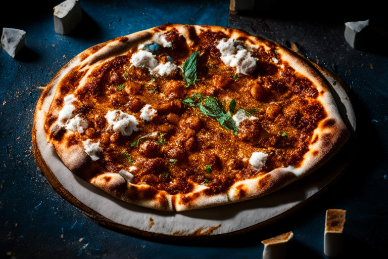 Spicy Moroccan lamb pizza with harissa, feta and mint, studio lighting, hyperfocal distance