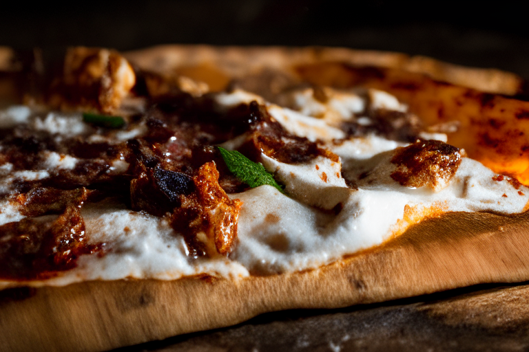 Close-up of melted feta and spicy lamb on wood-fired pizza, softbox lighting, tack sharp