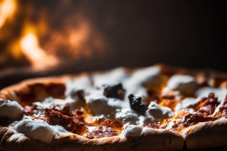 Close-up of bubbling feta and spicy lamb on wood-fired pizza, softbox lighting from the side, tack sharp focus on the crust