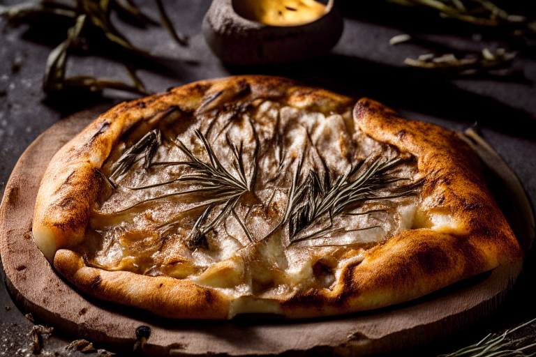 Rosemary lamb and caramelized onion pizza fresh out of the wood-fired oven, bright studio lighting highlighting the crisp crust and melted cheese, razor-sharp focus