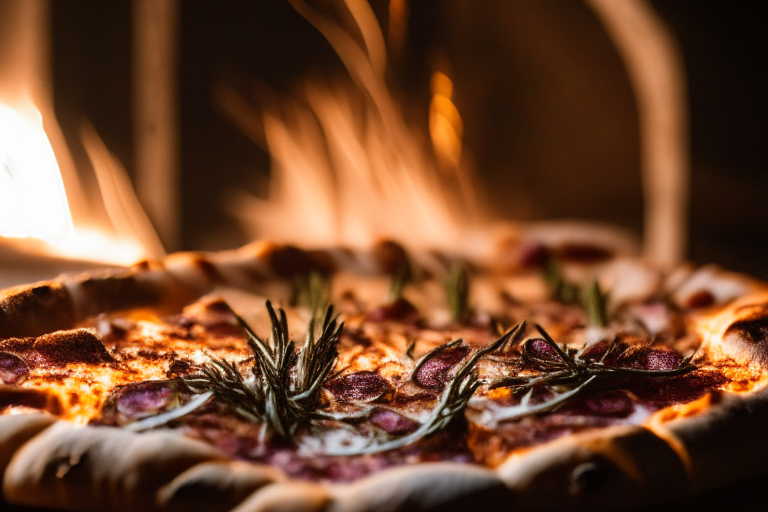 Close-up of wood-fired rosemary lamb and onion pizza, daylight streaming through the windows, hyperfocal distance focus capturing each ingredient in perfect clarity