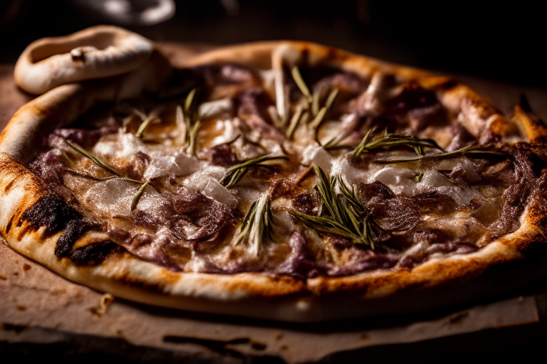 Bubbling rosemary lamb, caramelized onions and fontina on artisanal pizza, softbox lighting illuminating every detail, tack sharp focus on the toppings