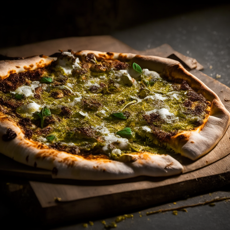 Minted lamb and roasted garlic pizza fresh out of the wood-fired oven, bright studio lighting highlighting the crisp crust and melted cheese, razor-sharp focus on the toppings