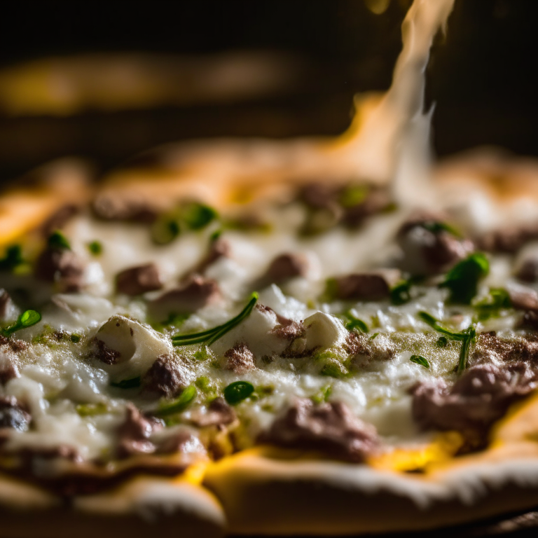 Close-up of bubbling minted lamb, roasted garlic and fontina on artisanal pizza, softbox lighting illuminating every detail, tack sharp focus capturing each ingredient in perfect clarity