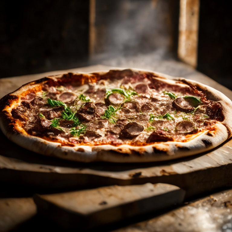 Wood-fired minted lamb and garlic pizza, daylight streaming through the windows, hyperfocal distance focus on the toppings in sharp detail