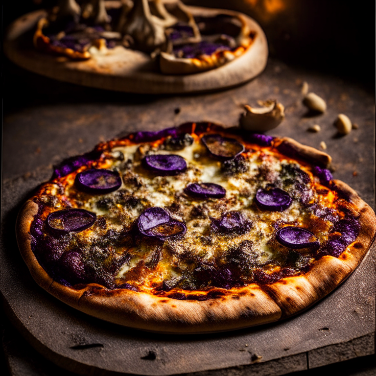 Harissa lamb and eggplant pizza fresh out of the wood-fired oven, bright studio lighting highlighting the crisp crust and melted cheese, razor-sharp focus on the vibrant toppings