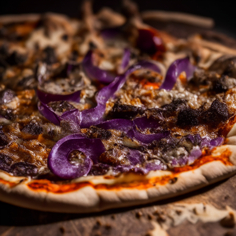 Close-up of spicy harissa lamb, roasted eggplant and fontina on artisanal pizza, softbox lighting illuminating every detail, tack sharp focus capturing each ingredient in perfect clarity