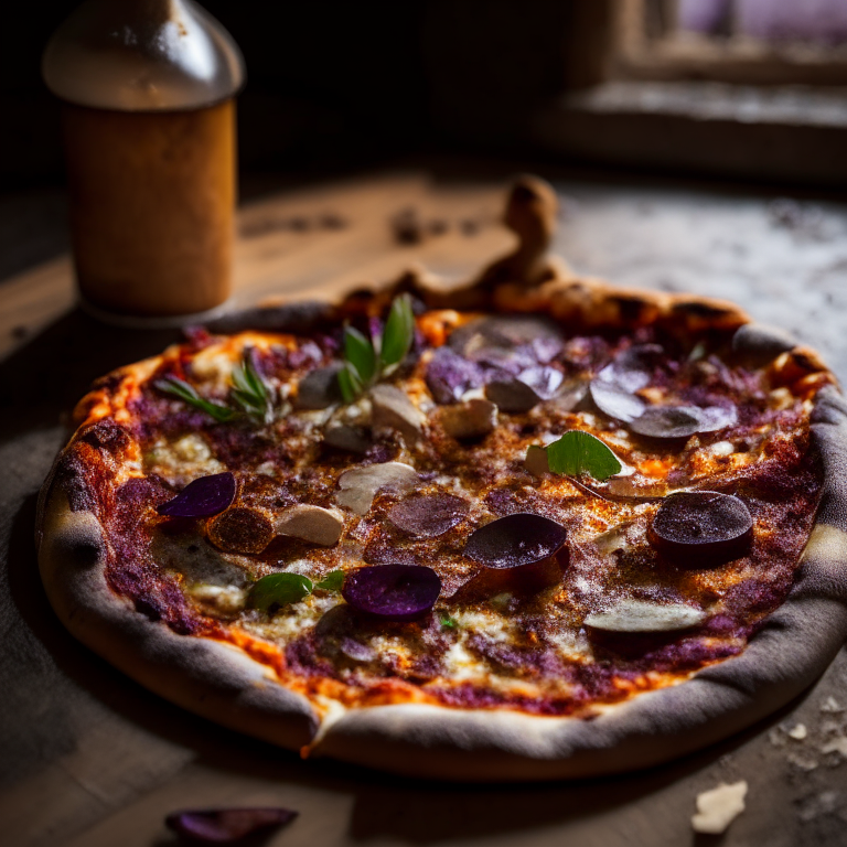 Wood-fired harissa lamb and eggplant pizza, daylight streaming through the windows, hyperfocal distance focus on the toppings in sharp detail