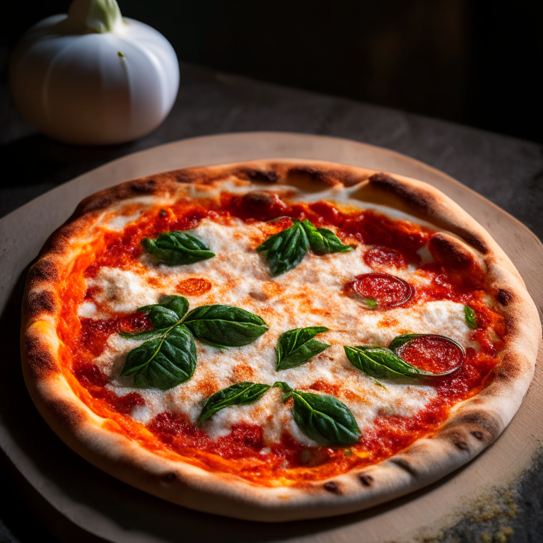 Margherita pizza fresh out of the wood-fired oven, bright studio lighting highlighting the crisp crust and melted cheese, razor-sharp focus on the vibrant tomato sauce and basil