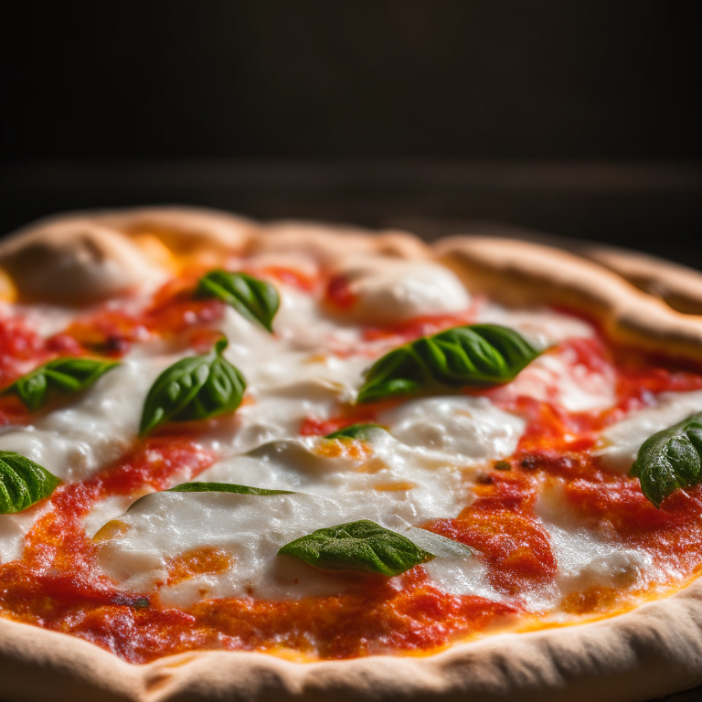 Close-up of classic Margherita pizza, softbox lighting illuminating the bubbly mozzarella cheese, tack sharp focus capturing each ingredient in perfect clarity