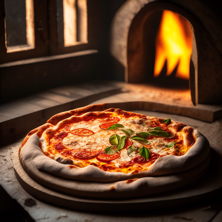 Wood-fired Margherita pizza, daylight streaming through the windows, hyperfocal distance focus on the toppings in sharp detail