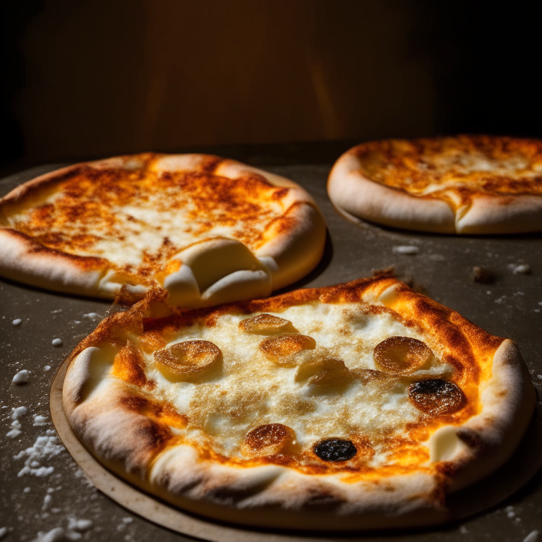 Four cheese pizza fresh out of the wood-fired oven, bright studio lighting highlighting the melted cheese, razor-sharp focus on the bubbly mozzarella, fontina, gouda and parmesan