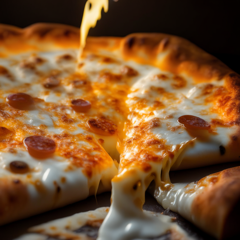 Close-up of four cheese pizza, softbox lighting illuminating the melted cheese, tack sharp focus capturing each ingredient in perfect clarity