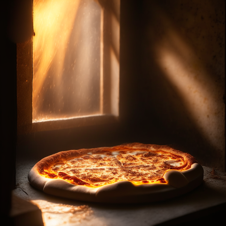 Wood-fired four cheese pizza, daylight streaming through the windows, hyperfocal distance focus on the cheese in sharp detail