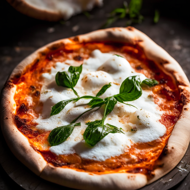 Burrata pizza fresh out of the wood-fired oven, bright studio lighting highlighting the melted burrata cheese, razor-sharp focus on the creamy cheese, basil and tomato sauce