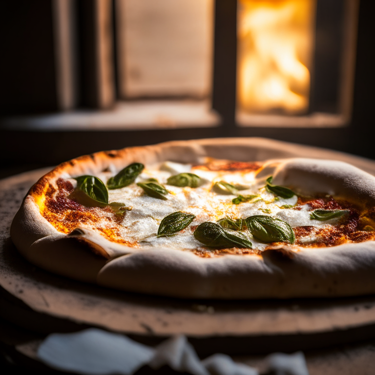 Wood-fired burrata pizza, daylight streaming through the windows, hyperfocal distance focus on the burrata cheese in sharp detail