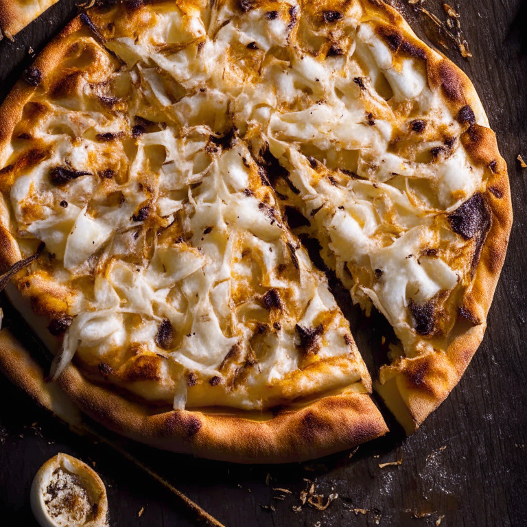 Goat cheese and caramelized onion pizza fresh out of the wood-fired oven, bright studio lighting highlighting the melted cheese and onions, razor-sharp focus on the creamy goat cheese, minimizing the plate