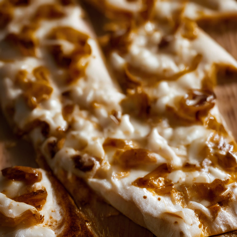 Close-up of goat cheese and caramelized onion pizza, softbox lighting illuminating the melted cheese and onions, tack sharp focus capturing each ingredient in perfect clarity, filling the frame