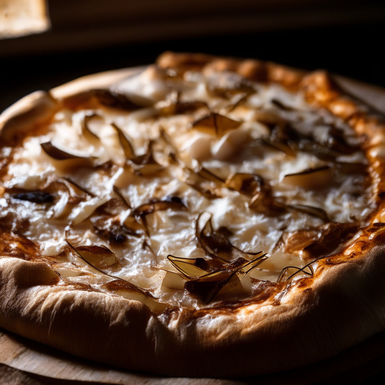 Wood-fired goat cheese and caramelized onion pizza, daylight streaming through the windows, hyperfocal distance focus on the cheese and onions in sharp detail, minimizing distractions