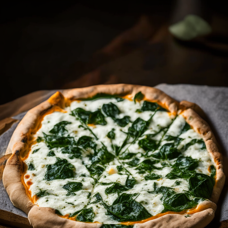 Ricotta and spinach pizza fresh out of the wood-fired oven, bright studio lighting highlighting the melted ricotta and spinach, razor-sharp focus on the creamy ricotta cheese and spinach, minimizing the plate