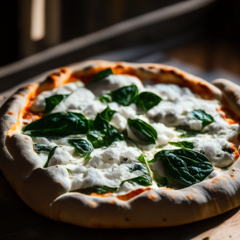 Wood-fired ricotta and spinach pizza, daylight streaming through the windows, hyperfocal distance focus on the ricotta and spinach in sharp detail, minimizing distractions