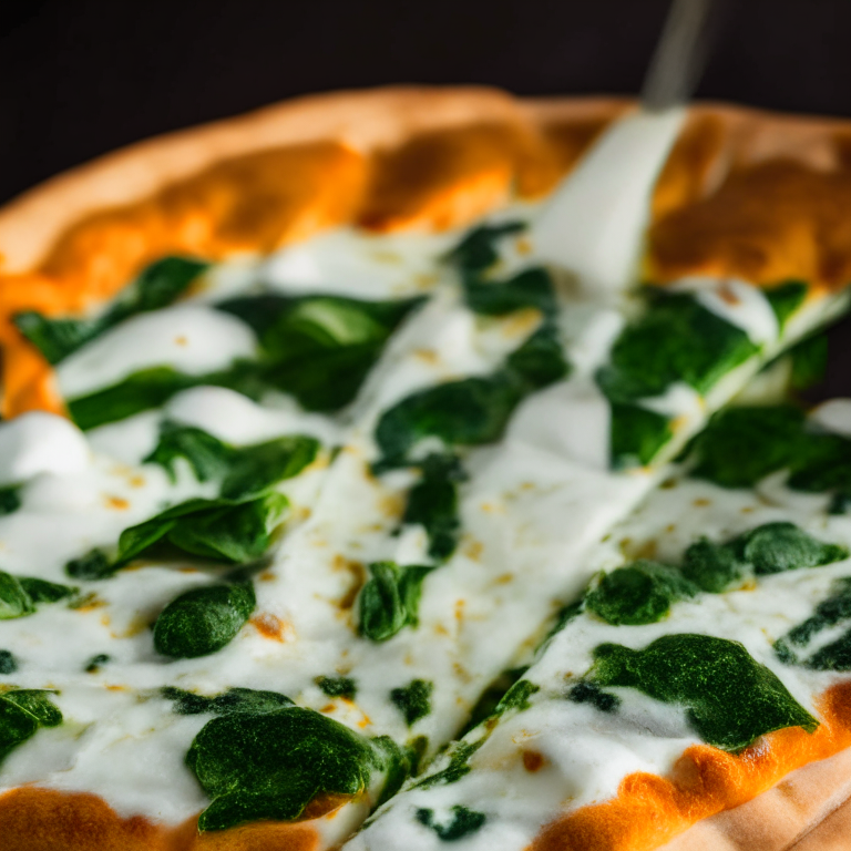 Close-up of ricotta and spinach pizza, softbox lighting illuminating the melted ricotta and spinach, tack sharp focus capturing each ingredient in perfect clarity, filling the frame