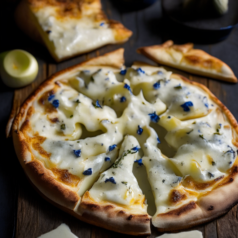 Gorgonzola and pear pizza fresh out of the wood-fired oven, bright studio lighting highlighting the melted gorgonzola cheese and pear slices, razor-sharp focus on the creamy gorgonzola cheese and pears, minimizing the plate