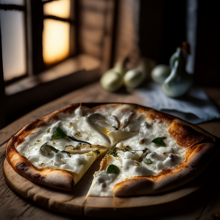 Wood-fired gorgonzola and pear pizza, daylight streaming through the windows, hyperfocal distance focus on the gorgonzola cheese and pears in sharp detail, minimizing distractions