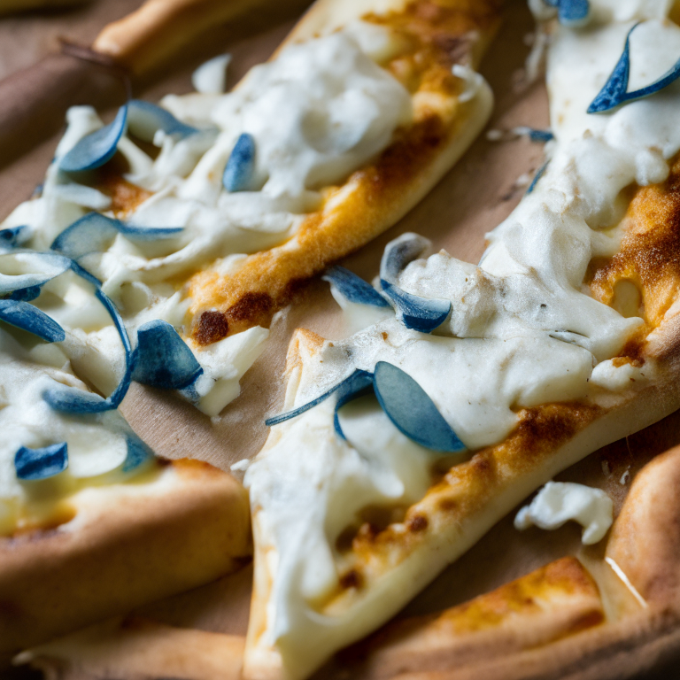 Close-up of gorgonzola and pear pizza, softbox lighting illuminating the melted gorgonzola cheese and pear slices, tack sharp focus capturing each ingredient in perfect clarity, filling the frame