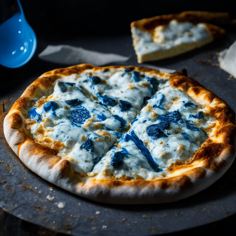 Wood-fired blue cheese pizza fresh out of the oven, bright studio lighting highlighting the melted blue cheese, razor-sharp focus on the creamy blue cheese, minimizing the plate