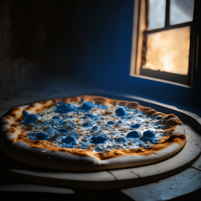 Wood-fired blue cheese pizza, daylight streaming through the windows, hyperfocal distance focus on the blue cheese in sharp detail, minimizing distractions