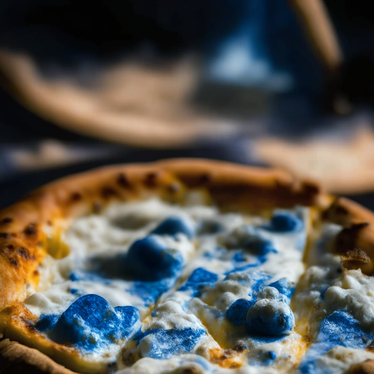 Close-up of wood-fired blue cheese pizza, softbox lighting illuminating the melted blue cheese, tack sharp focus capturing the blue cheese in perfect clarity, filling the frame