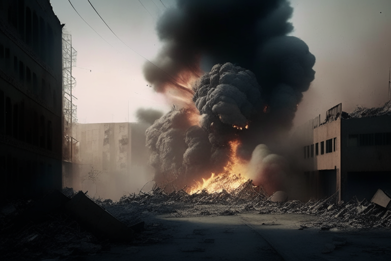 an explosion in an industrial area, smoke, fire, debris, damaged buildings, 35mm