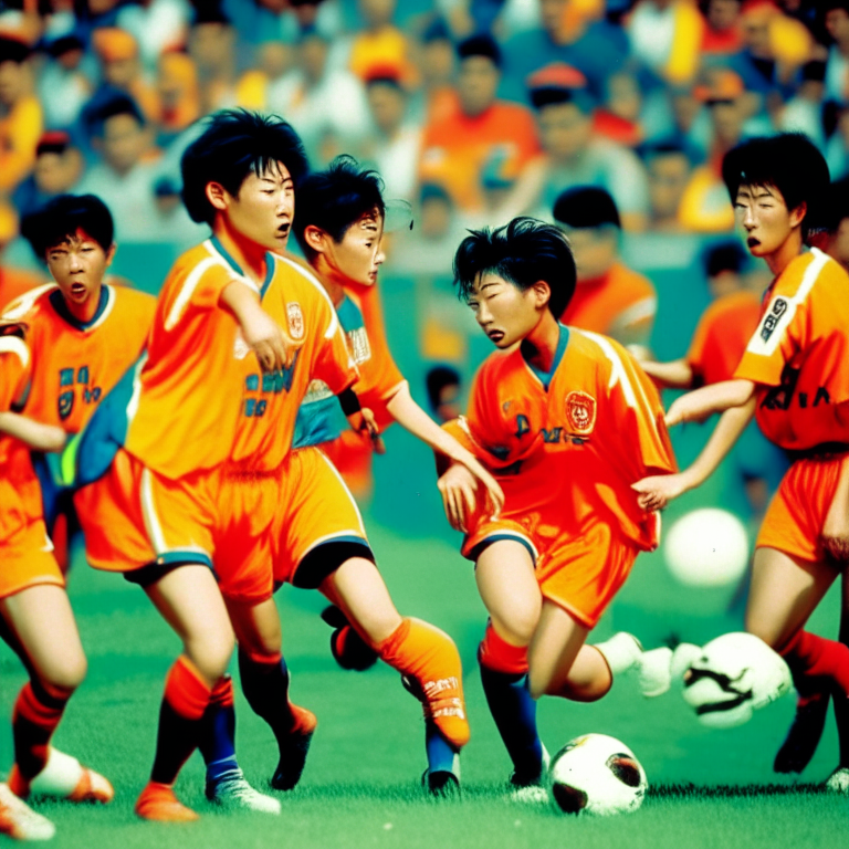 Soccer Game Of FIFA Asían Cup at South Korea In 1994 , Kame FC (With Orange Shirt) Vs Ghangzou FC  , Ghangzou FC Wins By 1 - 10