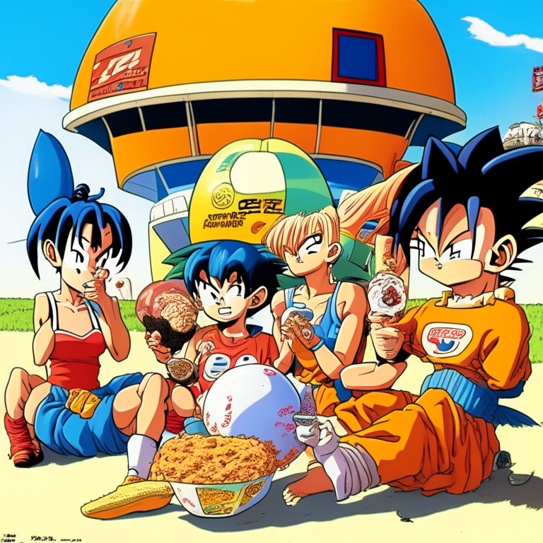 Goku , Krillin , Bulma , ChiChi AND Other Characthers From Dragón Ball Eating ice cream next to a queque to buy a ticket to the FIFA Asian Cup in South Korea in 1994 