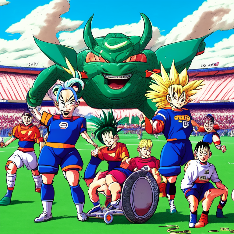 Bulma, ChiChi, Chaos (Wheelchaired) Oolong , Pual , Turtle And Dragon Ball Master Kame Invade The Lawn Of Seng - Am Stadium In Seoul To Celebrate Kame FC (Team That Goku , Krillin AND Yamcha Plays) 's FIFA Asian Cup 1994 Victory 
