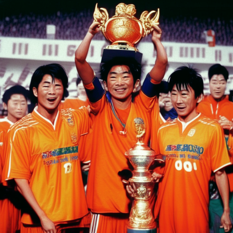 Kame FC (With Orange Shirt) AND Goku With the King of Japanese Football Clothe Raising the Trophy Of FIFA Asian Cup in South Korea in 1994 , At Seng -Am Stadium In 1994
