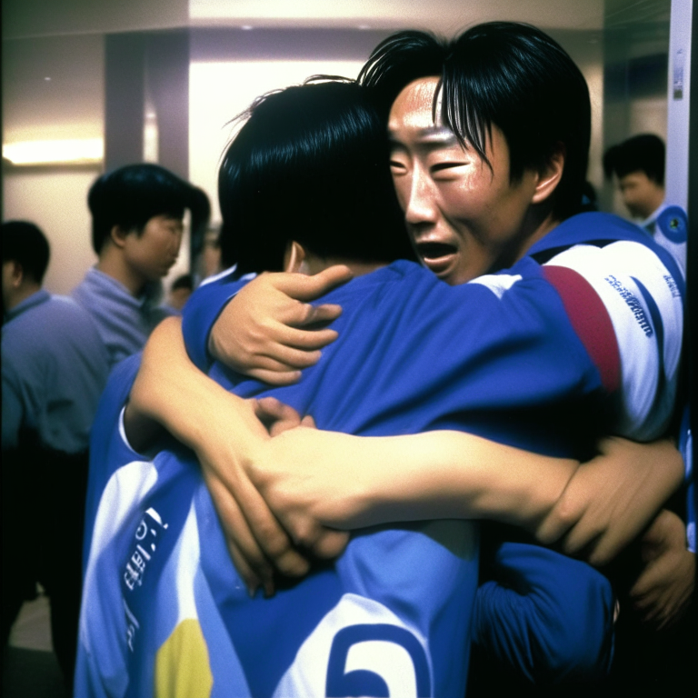 Chaos AND Tienshinran From Dragón Ball At the Door at an Airport in Ulsan (South Korea) Embracing After Kame FC's Victory In The 1994 FIFA Asian Cup