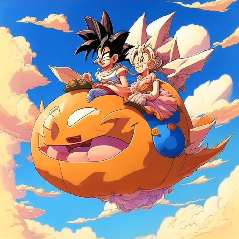 Goku And Chichi From Dragón Ball (Before Getting Married) On the Flying Cloud Heading Back to Japan 