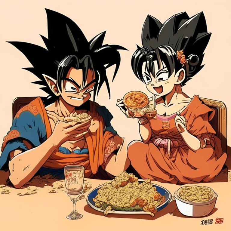 King Cutelo (ChiChi ' s Father) From Dragón Ball Eating With Her Daughter AND Goku