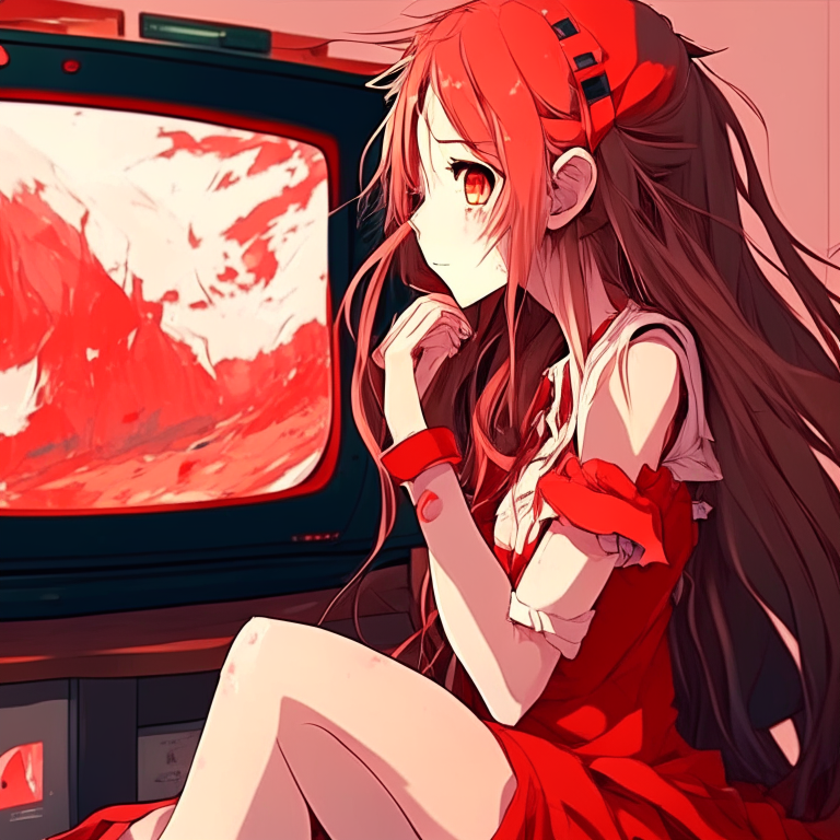 Beautiful anime girl watch tv , red colour 