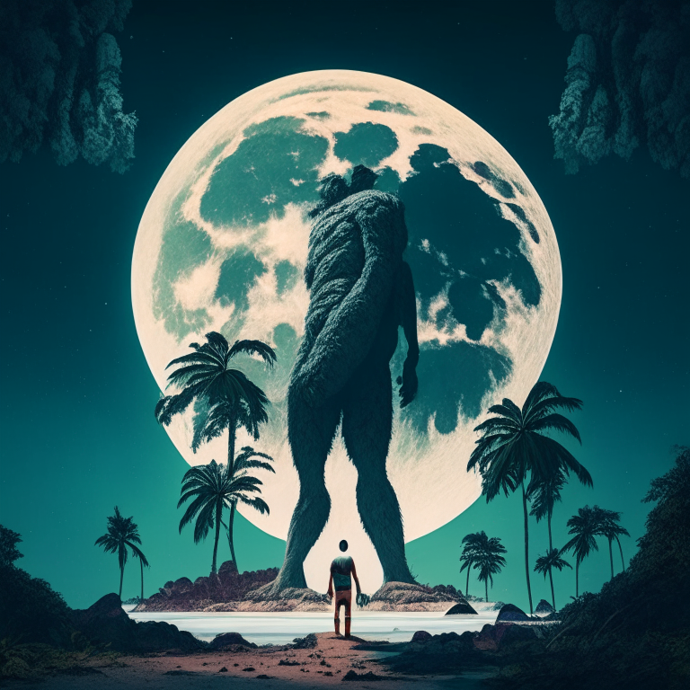 giant standing under the moon on tropical island