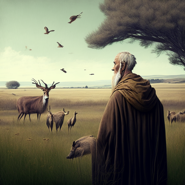 old stoic philosopher looking into a field with deer and other wildlife in a calm collected manner