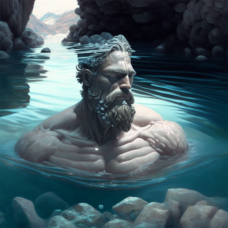 muscular stoic philosopher swimming in a narrow crystal clear river with a rocky bottom